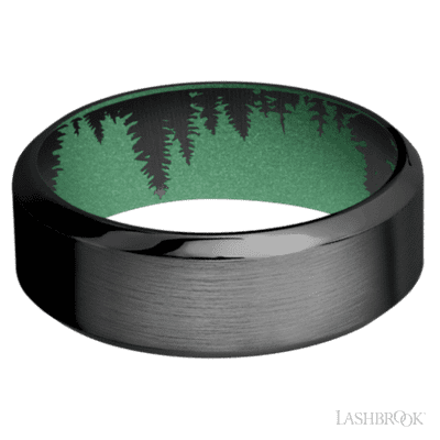 8 mm wide High Bevel Zirconium band featuring a Squatch sleeve.