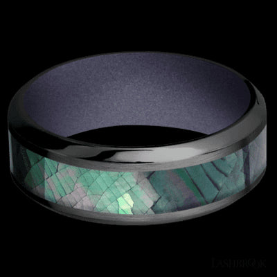 8 mm wide/High Bevel/Zirconium band with one 4 mm Centered inlay of Black Mother of Pearl also featuring a Crushed Orchid sleeve.