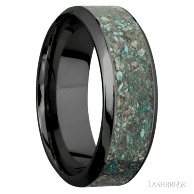8 mm wide/High Bevel/Zirconium band with one 5 mm Centered inlay of Ocean Jasper.