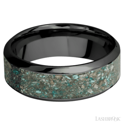 8 mm wide/High Bevel/Zirconium band with one 5 mm Centered inlay of Ocean Jasper.