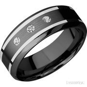 8 mm wide/High Bevel/Zirconium band with  two 1 mm Wide inlays of 14K White Gold and featuring an  arrangement of 3, .05 carat Round Diamond (ST) stones in a Flush setting