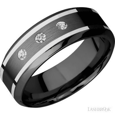 8 mm wide/High Bevel/Zirconium band with  two 1 mm Wide inlays of 14K White Gold and featuring an  arrangement of 3, .05 carat Round Diamond (ST) stones in a Flush setting
