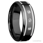 8 mm wide/High Bevel/Zirconium band with  two 1 mm Wide inlays of 14K White Gold and featuring an  arrangement of 3, .05 carat Round Diamond (ST) stones in a Flush setting