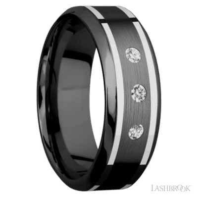 8 mm wide/High Bevel/Zirconium band with  two 1 mm Wide inlays of 14K White Gold and featuring an  arrangement of 3, .05 carat Round Diamond (ST) stones in a Flush setting