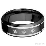8 mm wide/High Bevel/Zirconium band with  two 1 mm Wide inlays of 14K White Gold and featuring an  arrangement of 3, .05 carat Round Diamond (ST) stones in a Flush setting