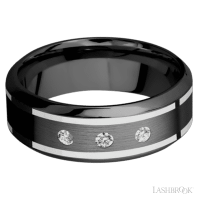 8 mm wide/High Bevel/Zirconium band with  two 1 mm Wide inlays of 14K White Gold and featuring an  arrangement of 3, .05 carat Round Diamond (ST) stones in a Flush setting