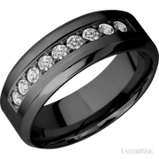 8 mm wide/High Bevel/Zirconium band with an  arrangement of 9, .05 carat Round Diamond stones in a Bead setting.