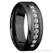 8 mm wide/High Bevel/Zirconium band with an  arrangement of 9, .05 carat Round Diamond stones in a Bead setting.