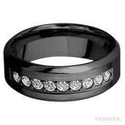 8 mm wide/High Bevel/Zirconium band with an  arrangement of 9, .05 carat Round Diamond stones in a Bead setting.
