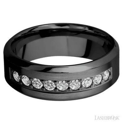 8 mm wide/High Bevel/Zirconium band with an  arrangement of 9, .05 carat Round Diamond stones in a Bead setting.