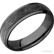 6 mm wide/Domed/Zirconium band with one 4 mm Centered inlay of Forged Carbon Fiber.