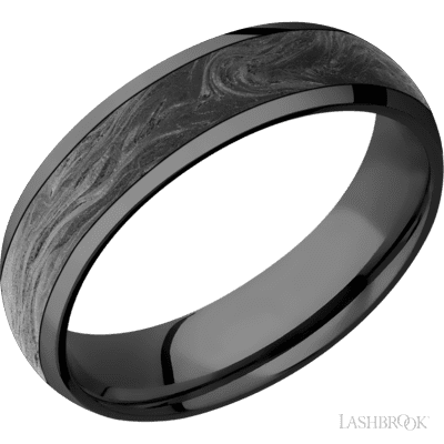 6 mm wide/Domed/Zirconium band with one 4 mm Centered inlay of Forged Carbon Fiber.