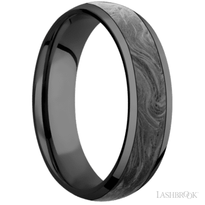 6 mm wide/Domed/Zirconium band with one 4 mm Centered inlay of Forged Carbon Fiber.