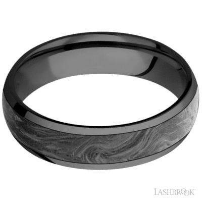6 mm wide/Domed/Zirconium band with one 4 mm Centered inlay of Forged Carbon Fiber.