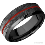 8 mm wide/High Bevel/Zirconium band featuring inlays of Forged Carbon Fiber and Red Apple.