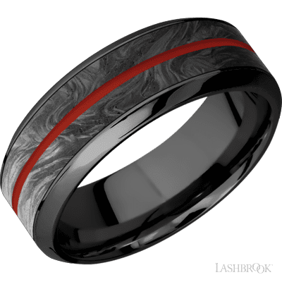 8 mm wide/High Bevel/Zirconium band featuring inlays of Forged Carbon Fiber and Red Apple.