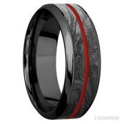 8 mm wide/High Bevel/Zirconium band featuring inlays of Forged Carbon Fiber and Red Apple.