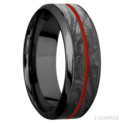 8 mm wide/High Bevel/Zirconium band featuring inlays of Forged Carbon Fiber and Red Apple.