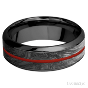 8 mm wide/High Bevel/Zirconium band featuring inlays of Forged Carbon Fiber and Red Apple.