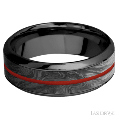 8 mm wide/High Bevel/Zirconium band featuring inlays of Forged Carbon Fiber and Red Apple.