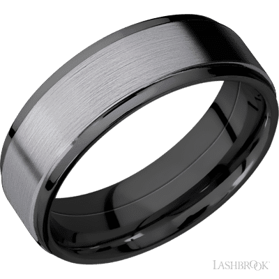 7 mm wide/Flat Grooved Edges/Zirconium band with one 5 mm Raised Centered inlay of Tantalum.