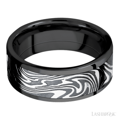 8 mm wide/Flat/Zirconium band with one 6 mm Centered inlay of Kinetic.