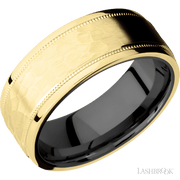 8 mm wide Flat Stepped Edges Milgrain 14K Yellow Gold band featuring a Zirconium sleeve.