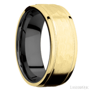 8 mm wide Flat Stepped Edges Milgrain 14K Yellow Gold band featuring a Zirconium sleeve.