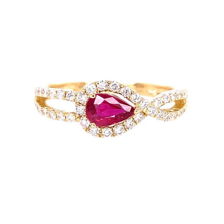 14k Yellow Gold Pear Shape Ruby Ring with Diamond Halo