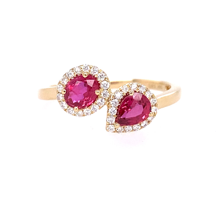 14k Yellow Gold 2 Stone Oval and Pear Shape Ruby w/ Diamond Halo Ring