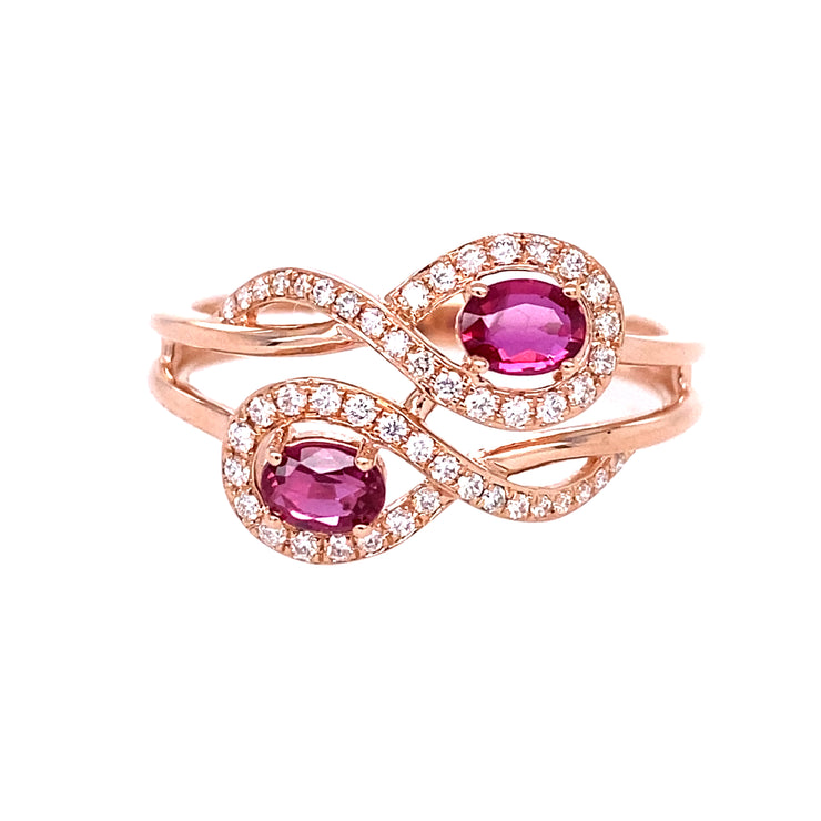 14k Rose Gold 2 Stone Oval Ruby Ring with Diamond Halo