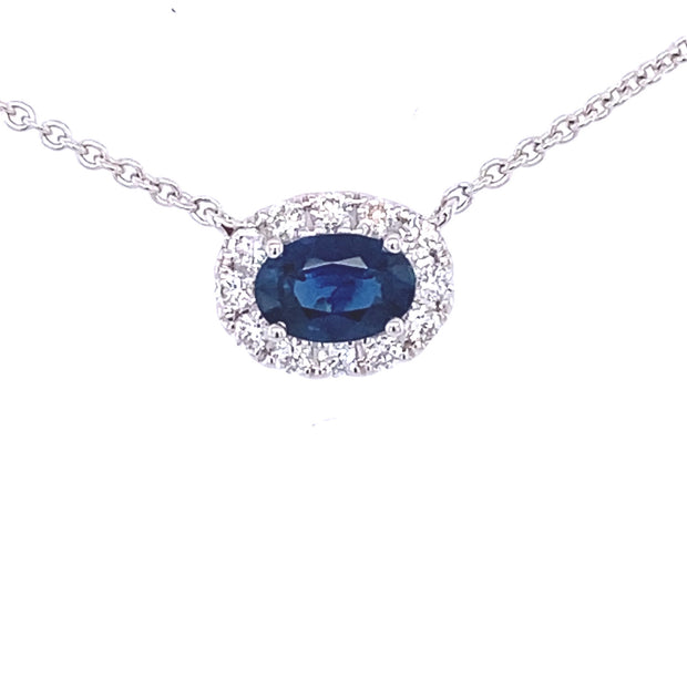 14k White Gold Oval Sapphire Diamond Halo Necklace