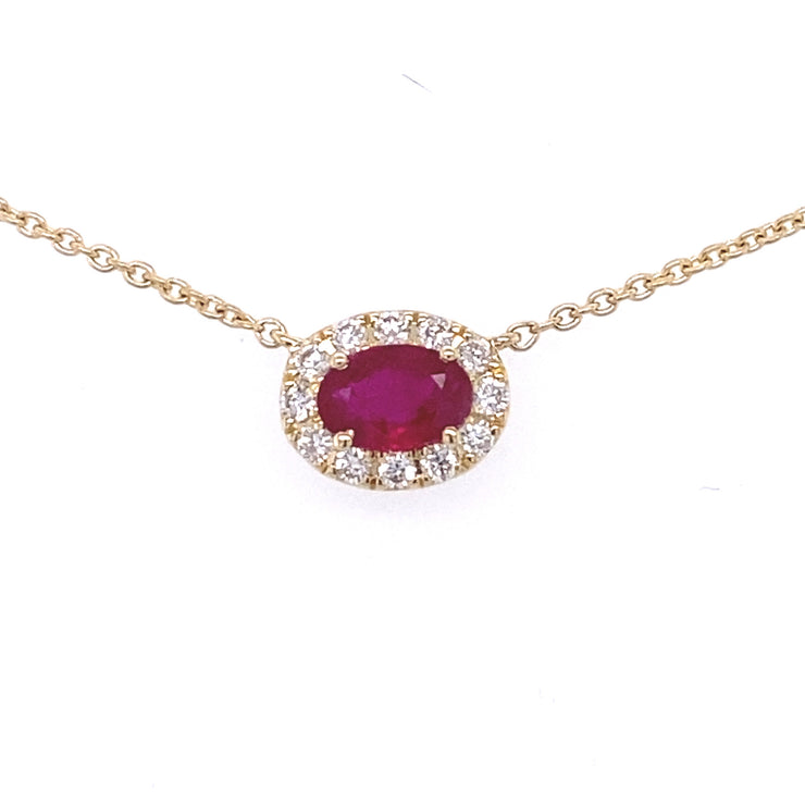 14k Yellow Gold Oval Ruby Diamond Halo Necklace