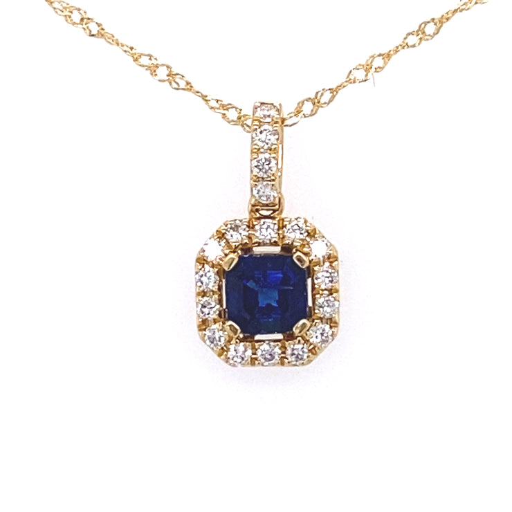 18k Yellow Gold Square Sapphire and Diamond Halo Pendant With Chain