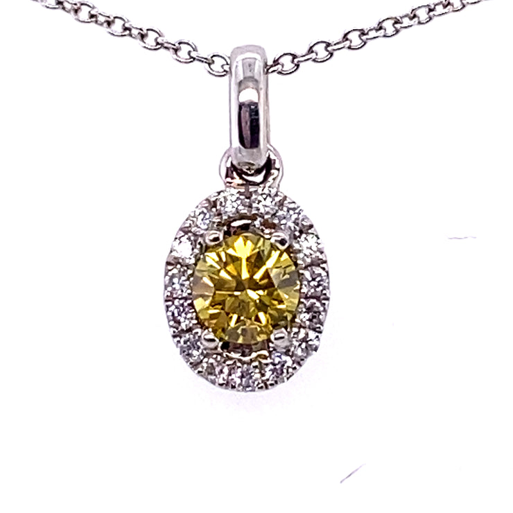 14k White Gold Round Yellow Diamond in Oval Diamond Halo Pendant