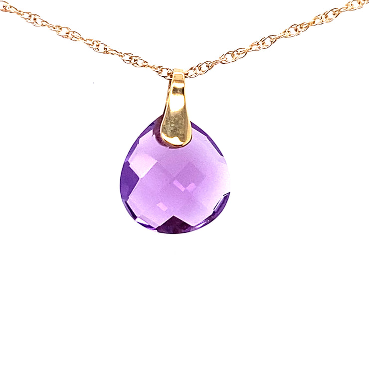 14K Yellow Gold Checkerboard Briolette Amethyst Pendant and Chain