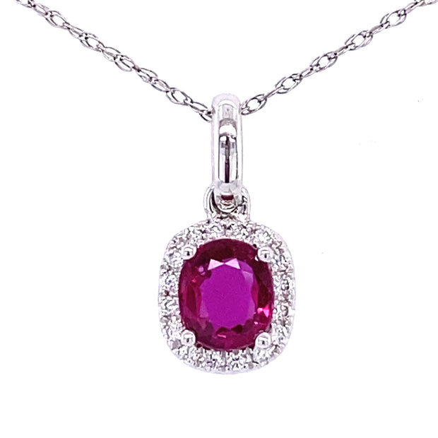 14k White Gold Oval Ruby and Diamond Halo Pendant