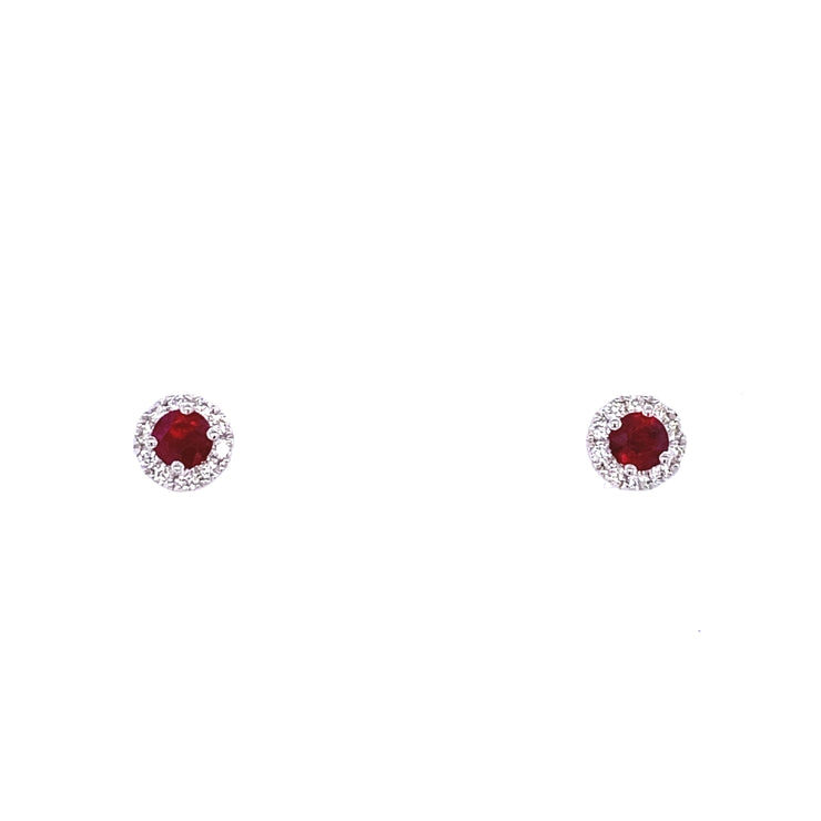 14k White Gold Round Ruby Diamond Halo Earrings
