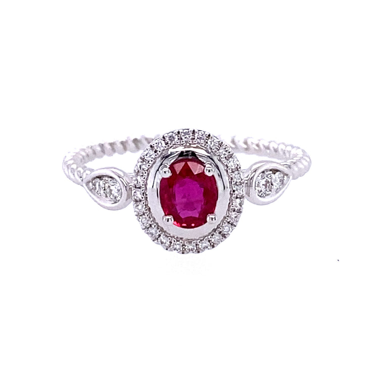 14k White Gold Oval Ruby and Diamond Ring