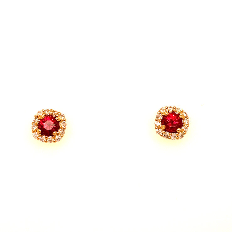 14k Yellow Gold Round Red Sapphire and Diamond Halo Earrings