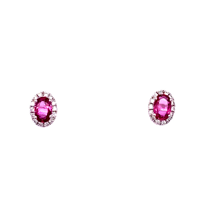 14k White Oval Ruby Stud Earrings with Diamond Halo