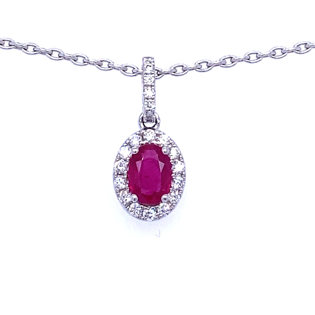 14k White Gold Oval Ruby Pendant with Diamond Halo