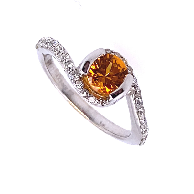 14k White Gold Natural Orange Sapphire and Diamond Ring
