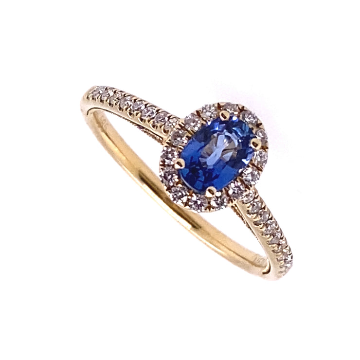 14k Yellow Oval Blue Sapphire Ring with Diamonds