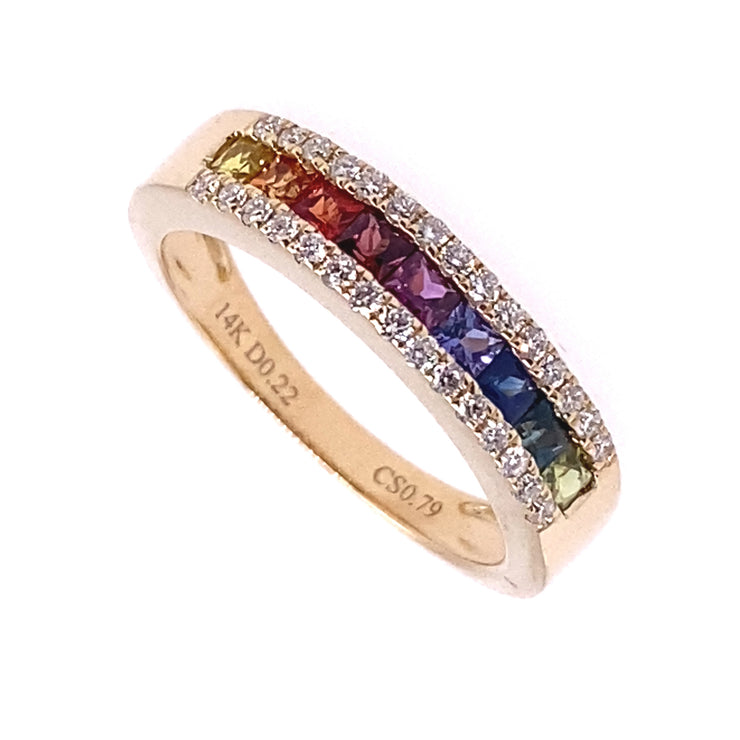 14k Yellow Gold Rainbow Sapphire Ring with Diamonds