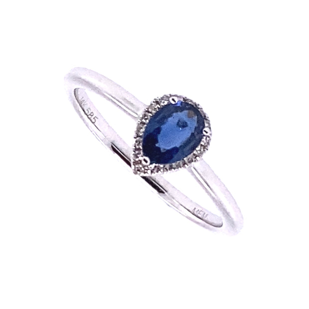 14k White Gold Pear Blue Sapphire and Diamond Ring
