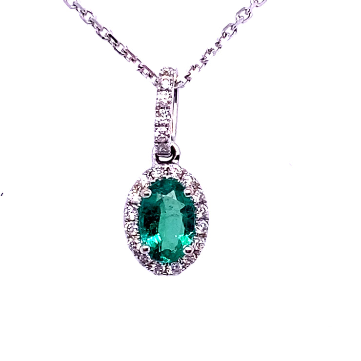 14k White Gold Oval Emerald and Diamond Pendant