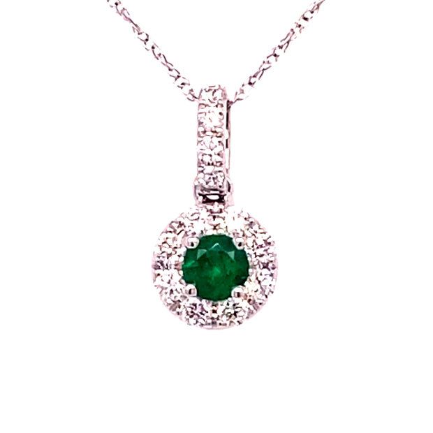 14k White Gold Round Emerald and Diamond Halo Pendant