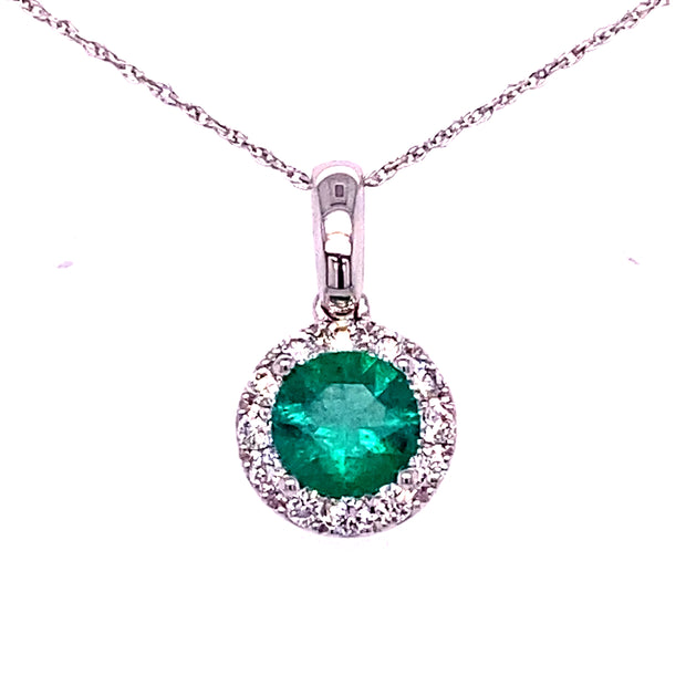 14k White Gold Round Emerald Diamond Halo Pendant