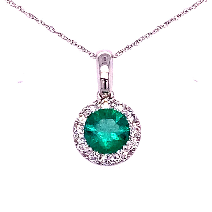 14k White Gold Round Emerald Diamond Halo Pendant